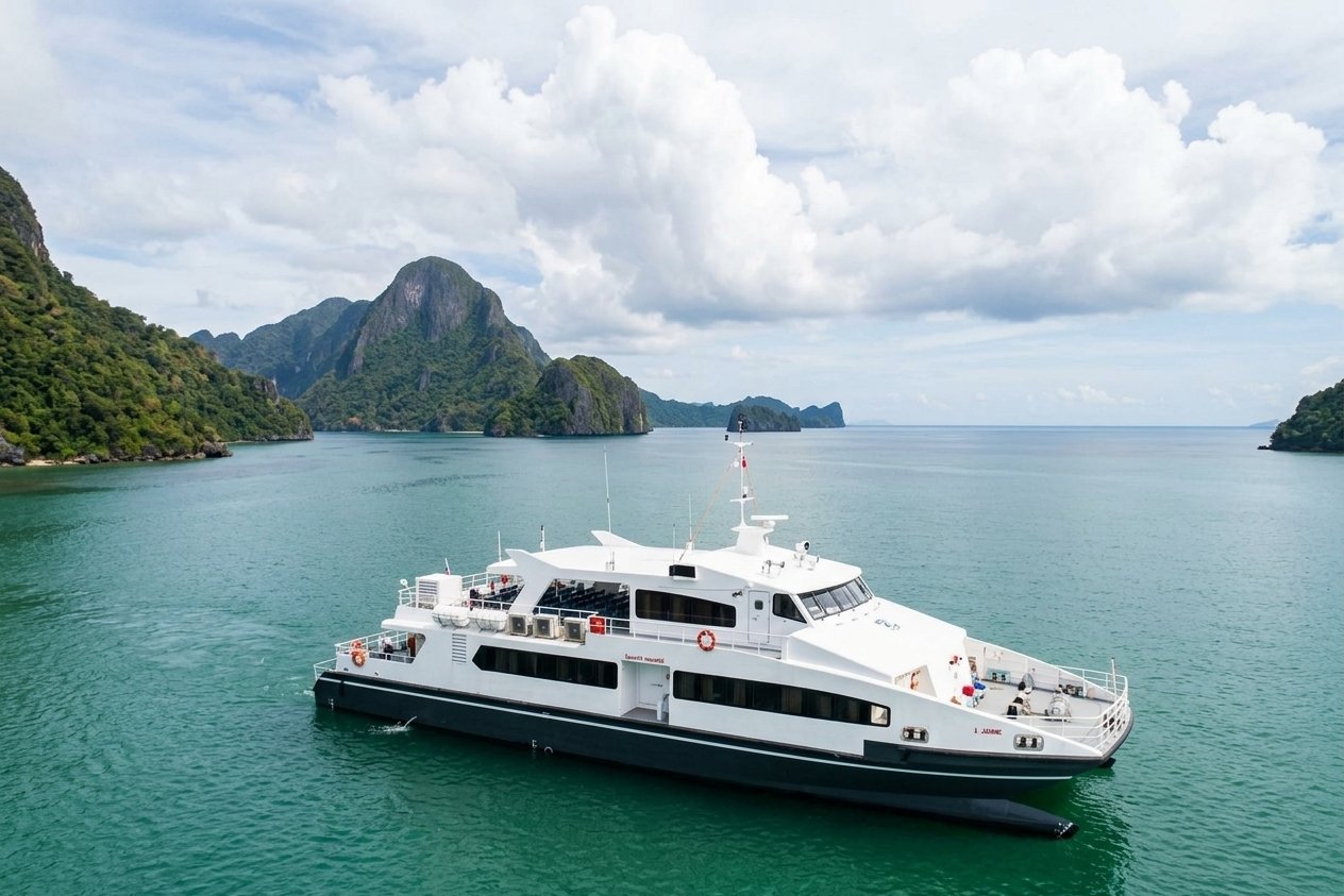 Fast ferry boat sailing across turquoise waters